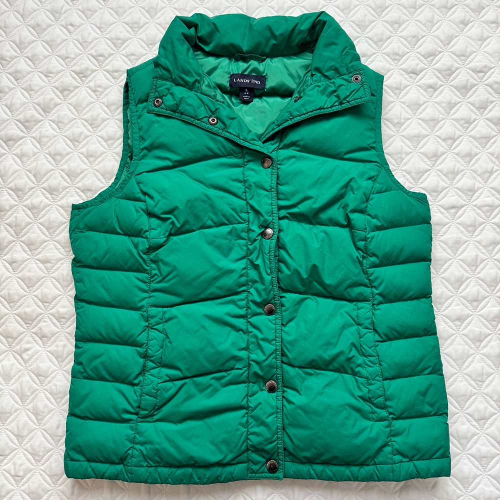 Lands' End Down Puffer Vest Snap Button Emerald Green Size Small